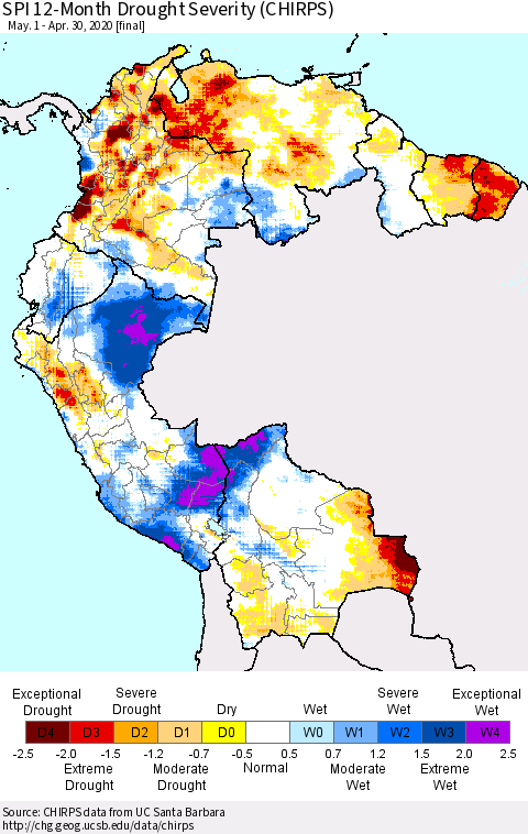 Northern South America SPI 12-Month Drought Severity (CHIRPS) Thematic Map For 5/1/2019 - 4/30/2020