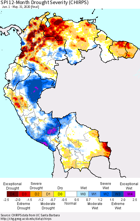 Northern South America SPI 12-Month Drought Severity (CHIRPS) Thematic Map For 6/1/2019 - 5/31/2020