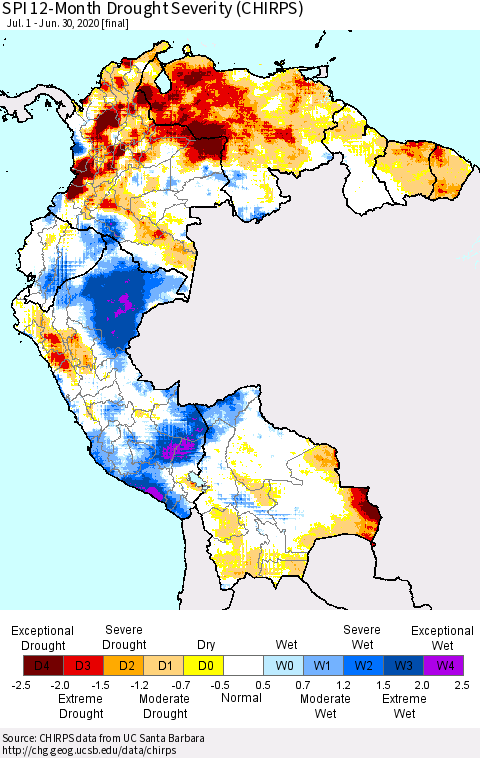 Northern South America SPI 12-Month Drought Severity (CHIRPS) Thematic Map For 7/1/2019 - 6/30/2020