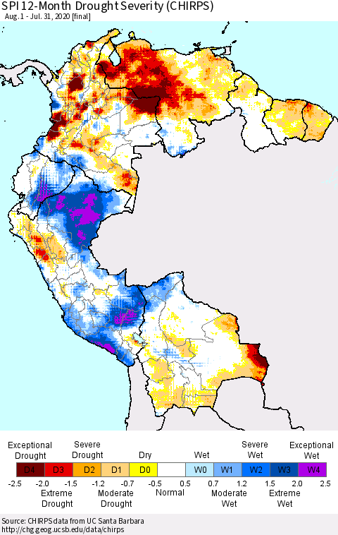 Northern South America SPI 12-Month Drought Severity (CHIRPS) Thematic Map For 8/1/2019 - 7/31/2020
