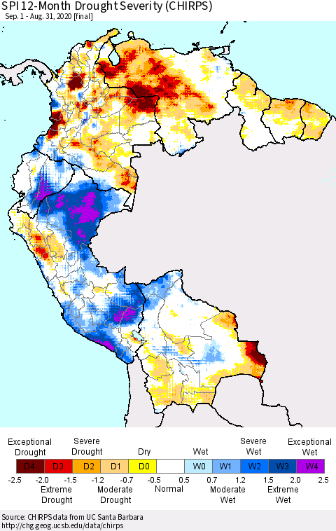 Northern South America SPI 12-Month Drought Severity (CHIRPS) Thematic Map For 9/1/2019 - 8/31/2020