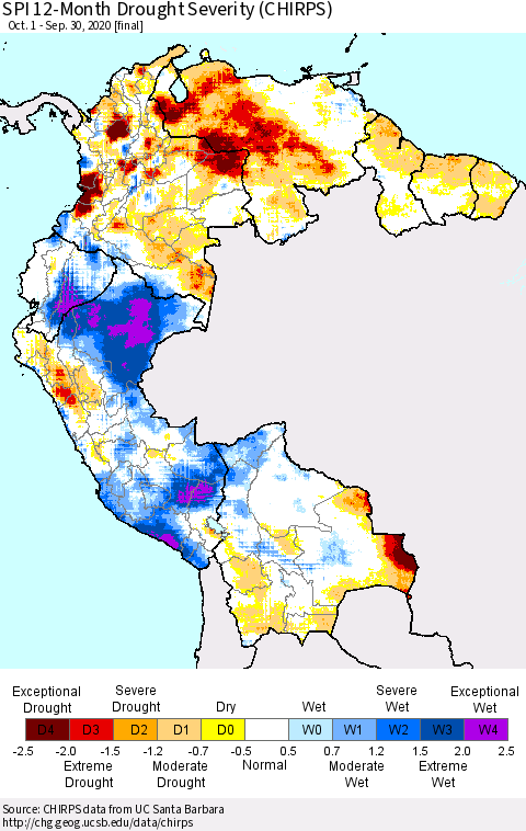 Northern South America SPI 12-Month Drought Severity (CHIRPS) Thematic Map For 10/1/2019 - 9/30/2020