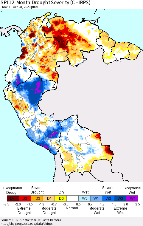 Northern South America SPI 12-Month Drought Severity (CHIRPS) Thematic Map For 11/1/2019 - 10/31/2020
