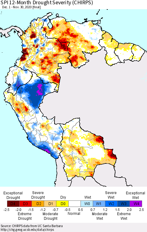 Northern South America SPI 12-Month Drought Severity (CHIRPS) Thematic Map For 12/1/2019 - 11/30/2020
