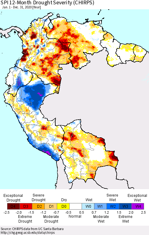 Northern South America SPI 12-Month Drought Severity (CHIRPS) Thematic Map For 1/1/2020 - 12/31/2020