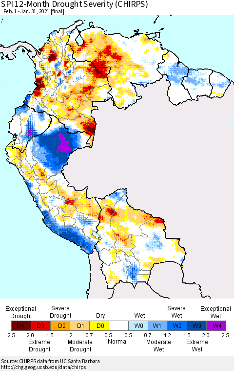 Northern South America SPI 12-Month Drought Severity (CHIRPS) Thematic Map For 2/1/2020 - 1/31/2021