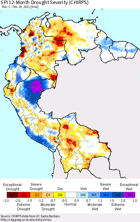 Northern South America SPI 12-Month Drought Severity (CHIRPS) Thematic Map For 3/1/2020 - 2/28/2021