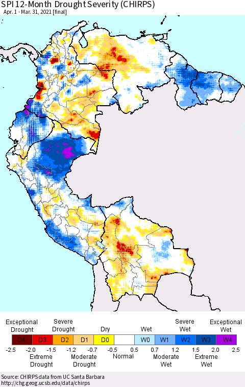 Northern South America SPI 12-Month Drought Severity (CHIRPS) Thematic Map For 4/1/2020 - 3/31/2021