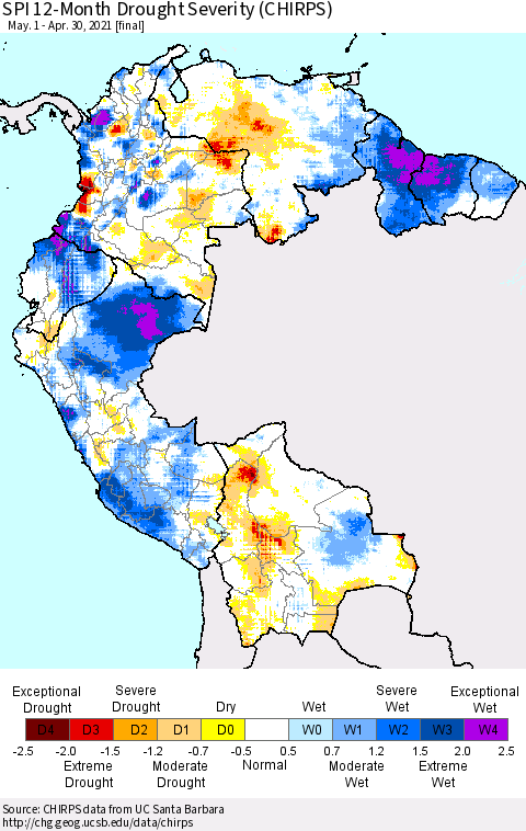 Northern South America SPI 12-Month Drought Severity (CHIRPS) Thematic Map For 5/1/2020 - 4/30/2021