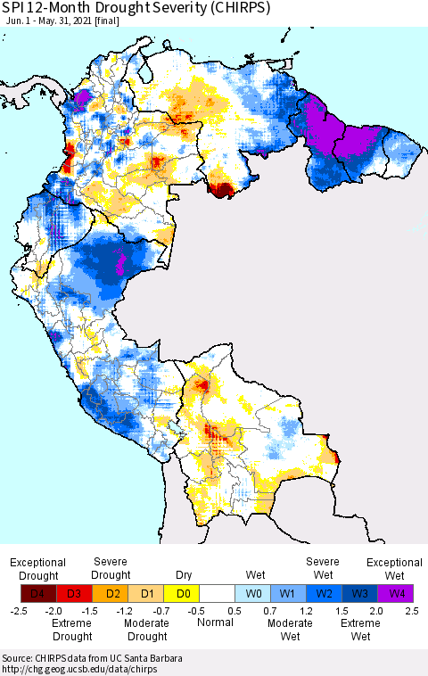 Northern South America SPI 12-Month Drought Severity (CHIRPS) Thematic Map For 6/1/2020 - 5/31/2021