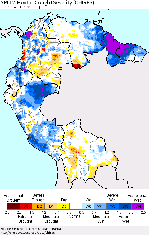 Northern South America SPI 12-Month Drought Severity (CHIRPS) Thematic Map For 7/1/2020 - 6/30/2021