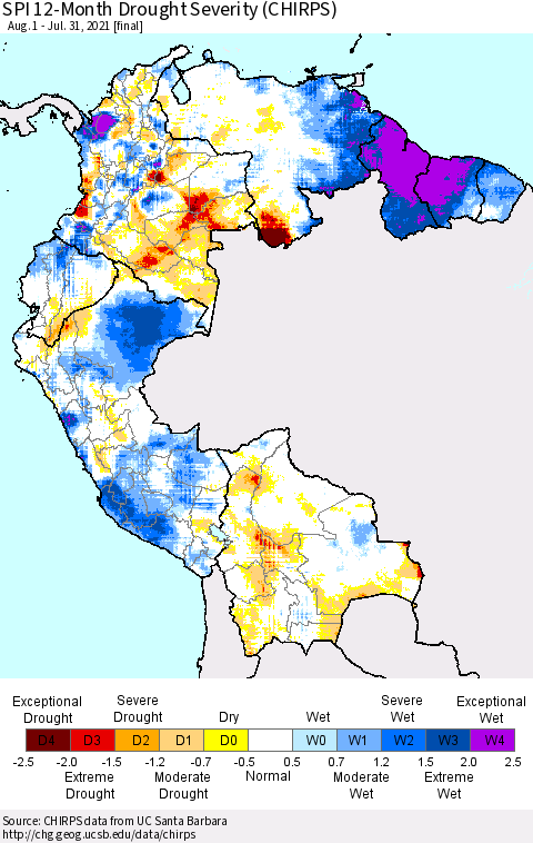 Northern South America SPI 12-Month Drought Severity (CHIRPS) Thematic Map For 8/1/2020 - 7/31/2021