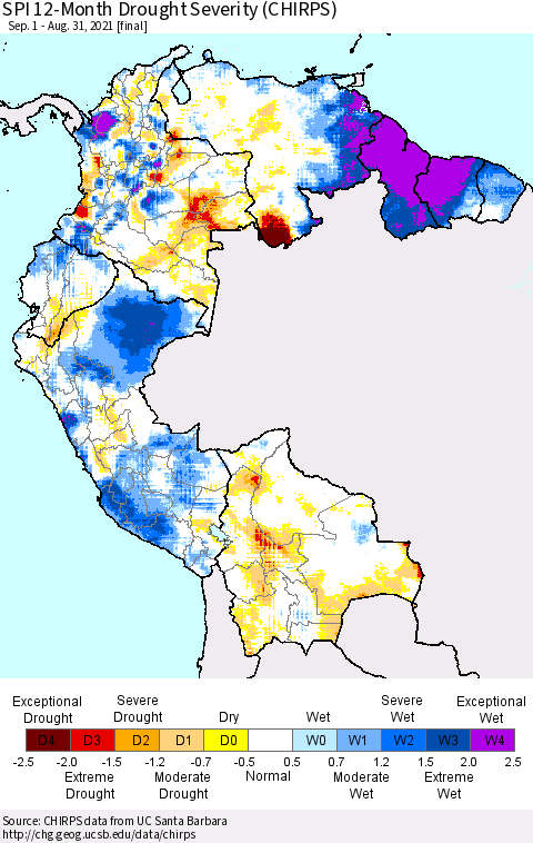 Northern South America SPI 12-Month Drought Severity (CHIRPS) Thematic Map For 9/1/2020 - 8/31/2021
