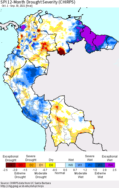 Northern South America SPI 12-Month Drought Severity (CHIRPS) Thematic Map For 10/1/2020 - 9/30/2021