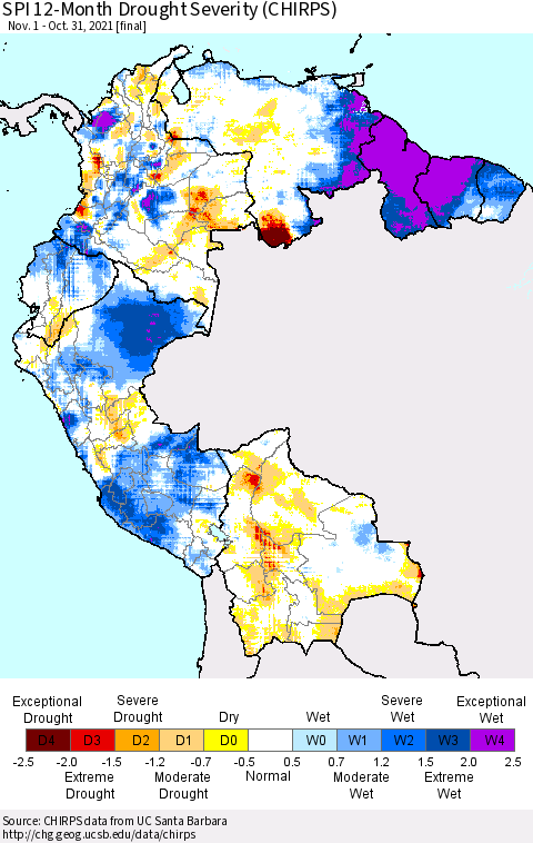 Northern South America SPI 12-Month Drought Severity (CHIRPS) Thematic Map For 11/1/2020 - 10/31/2021