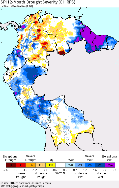 Northern South America SPI 12-Month Drought Severity (CHIRPS) Thematic Map For 12/1/2020 - 11/30/2021