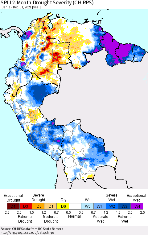Northern South America SPI 12-Month Drought Severity (CHIRPS) Thematic Map For 1/1/2021 - 12/31/2021