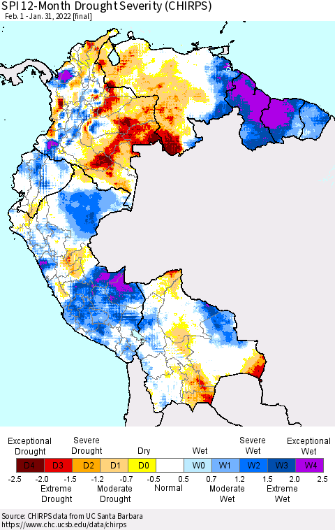 Northern South America SPI 12-Month Drought Severity (CHIRPS) Thematic Map For 2/1/2021 - 1/31/2022