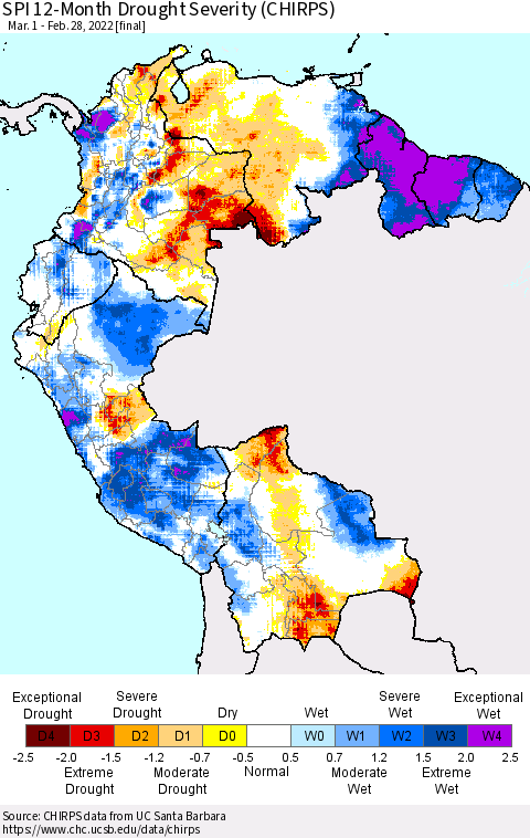 Northern South America SPI 12-Month Drought Severity (CHIRPS) Thematic Map For 3/1/2021 - 2/28/2022