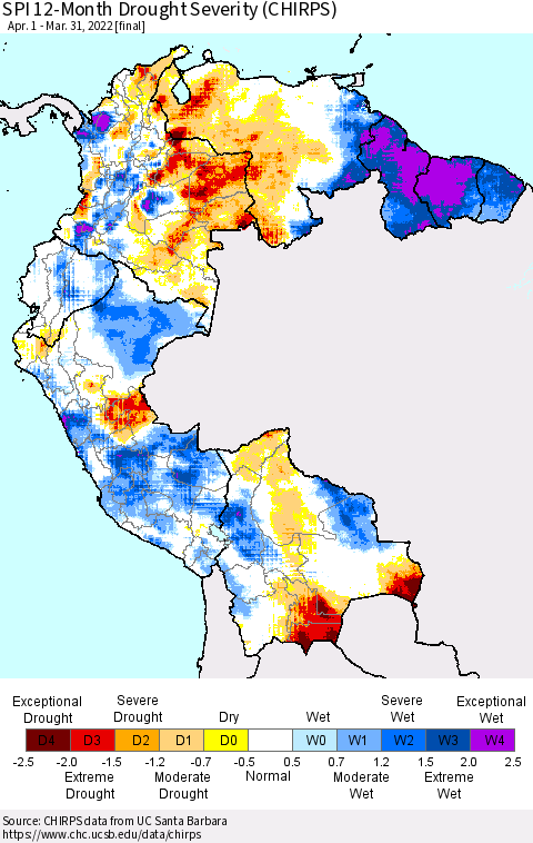 Northern South America SPI 12-Month Drought Severity (CHIRPS) Thematic Map For 4/1/2021 - 3/31/2022