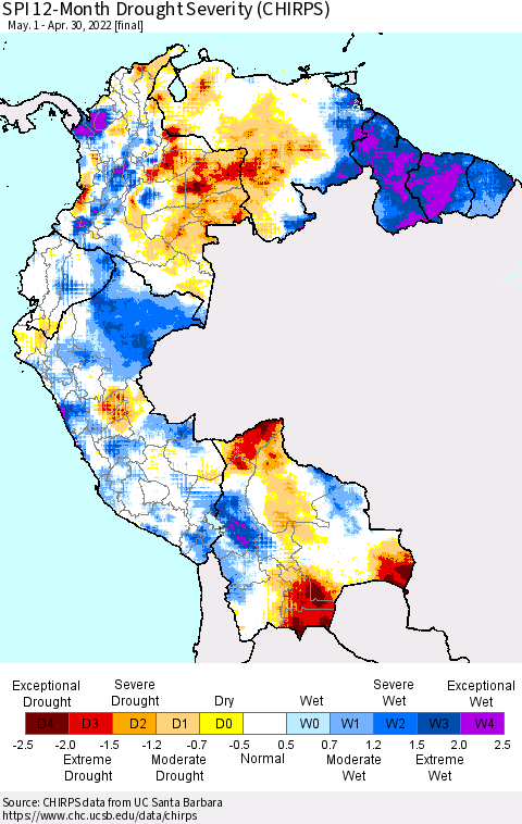 Northern South America SPI 12-Month Drought Severity (CHIRPS) Thematic Map For 5/1/2021 - 4/30/2022