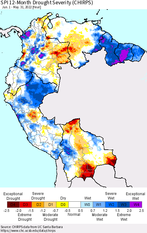 Northern South America SPI 12-Month Drought Severity (CHIRPS) Thematic Map For 6/1/2021 - 5/31/2022