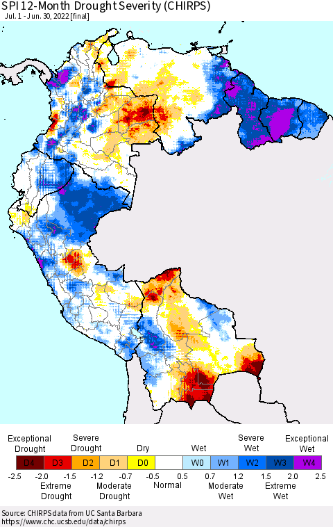 Northern South America SPI 12-Month Drought Severity (CHIRPS) Thematic Map For 7/1/2021 - 6/30/2022