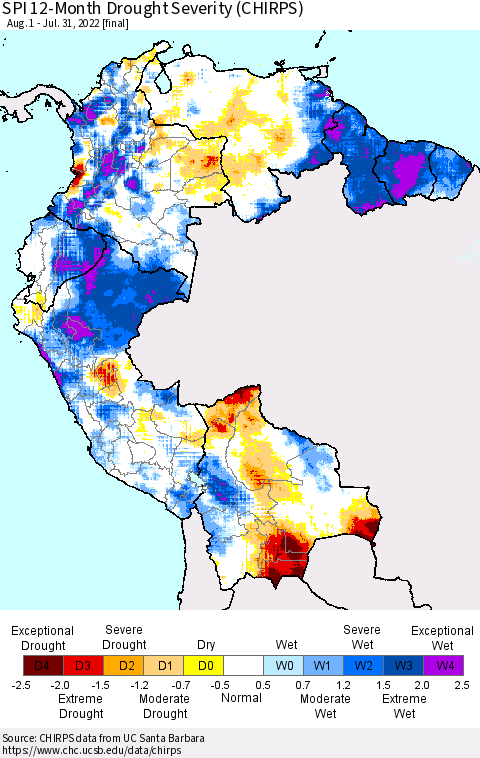Northern South America SPI 12-Month Drought Severity (CHIRPS) Thematic Map For 8/1/2021 - 7/31/2022