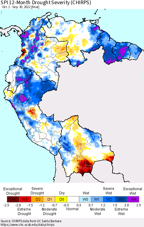 Northern South America SPI 12-Month Drought Severity (CHIRPS) Thematic Map For 10/1/2021 - 9/30/2022