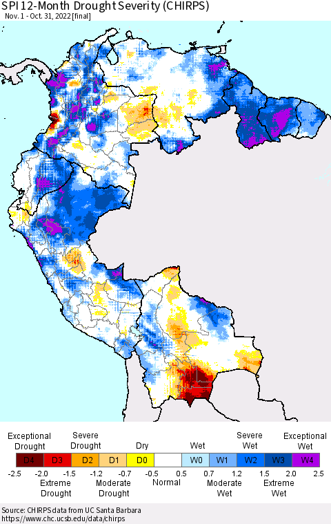 Northern South America SPI 12-Month Drought Severity (CHIRPS) Thematic Map For 11/1/2021 - 10/31/2022