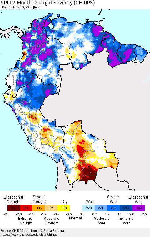 Northern South America SPI 12-Month Drought Severity (CHIRPS) Thematic Map For 12/1/2021 - 11/30/2022