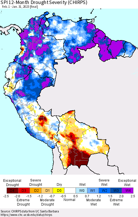 Northern South America SPI 12-Month Drought Severity (CHIRPS) Thematic Map For 2/1/2022 - 1/31/2023