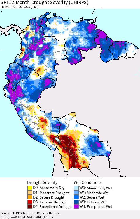Northern South America SPI 12-Month Drought Severity (CHIRPS) Thematic Map For 5/1/2022 - 4/30/2023