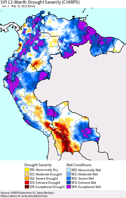 Northern South America SPI 12-Month Drought Severity (CHIRPS) Thematic Map For 6/1/2022 - 5/31/2023