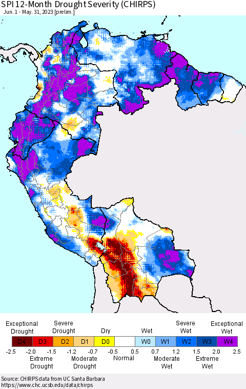 Northern South America SPI 12-Month Drought Severity (CHIRPS) Thematic Map For 6/1/2022 - 5/31/2023