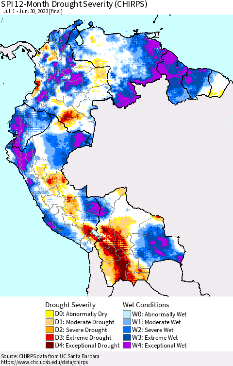 Northern South America SPI 12-Month Drought Severity (CHIRPS) Thematic Map For 7/1/2022 - 6/30/2023