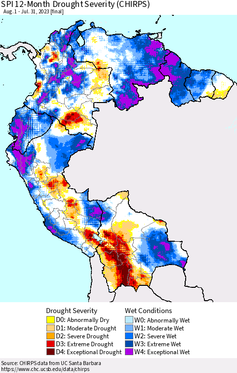 Northern South America SPI 12-Month Drought Severity (CHIRPS) Thematic Map For 8/1/2022 - 7/31/2023