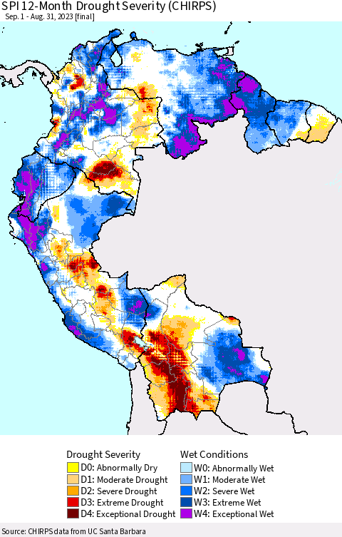 Northern South America SPI 12-Month Drought Severity (CHIRPS) Thematic Map For 9/1/2022 - 8/31/2023