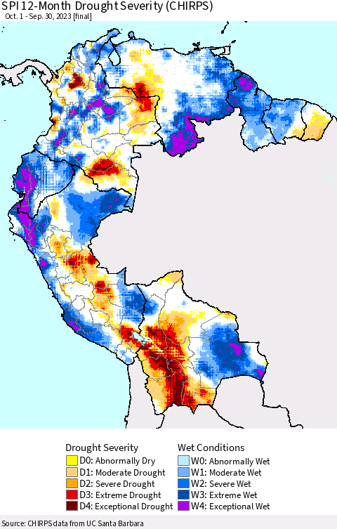 Northern South America SPI 12-Month Drought Severity (CHIRPS) Thematic Map For 10/1/2022 - 9/30/2023
