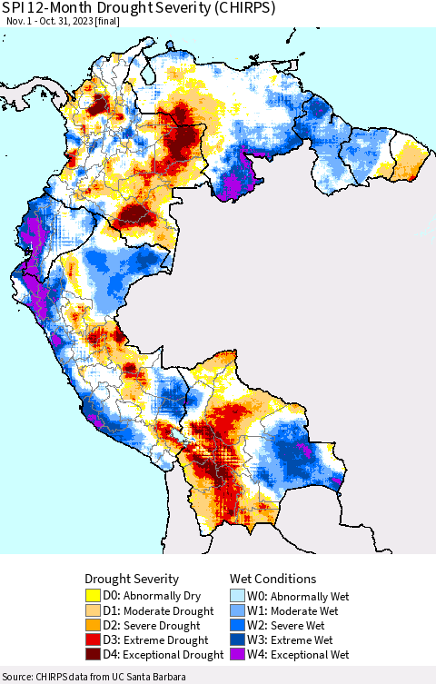 Northern South America SPI 12-Month Drought Severity (CHIRPS) Thematic Map For 11/1/2022 - 10/31/2023