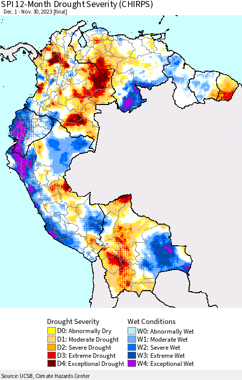 Northern South America SPI 12-Month Drought Severity (CHIRPS) Thematic Map For 12/1/2022 - 11/30/2023