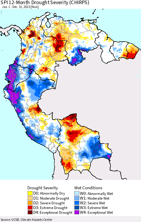 Northern South America SPI 12-Month Drought Severity (CHIRPS) Thematic Map For 1/1/2023 - 12/31/2023