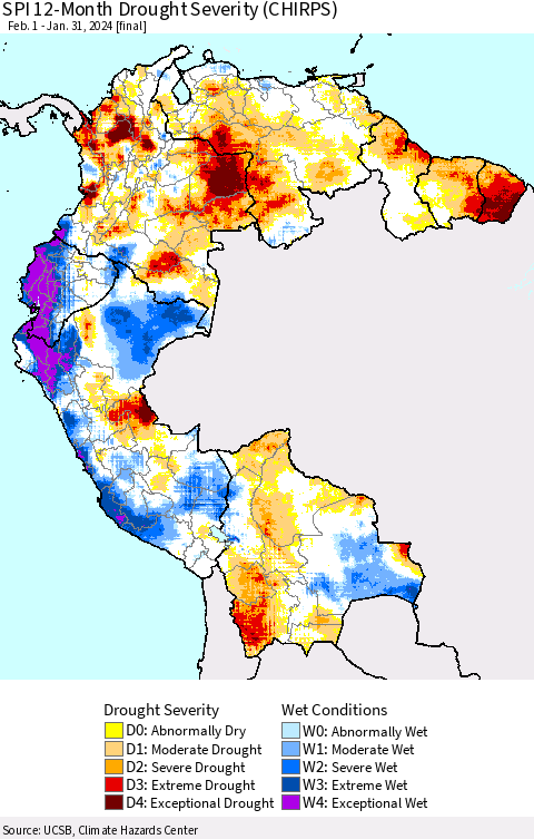 Northern South America SPI 12-Month Drought Severity (CHIRPS) Thematic Map For 2/1/2023 - 1/31/2024