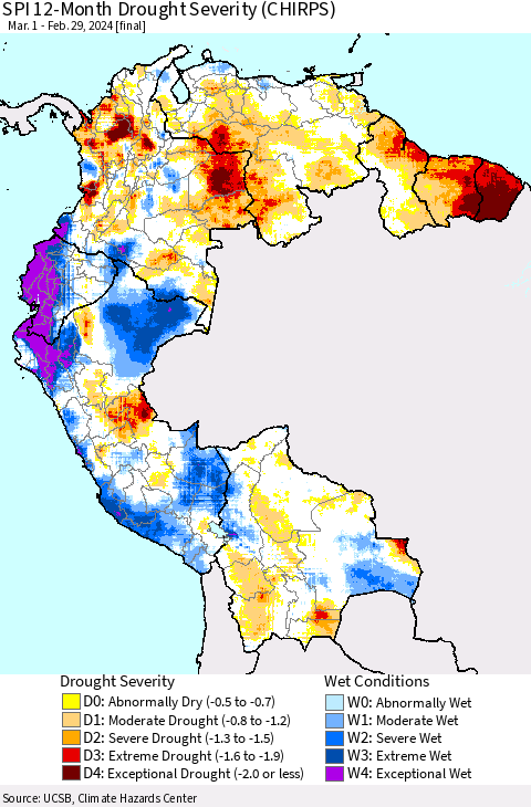 Northern South America SPI 12-Month Drought Severity (CHIRPS) Thematic Map For 3/1/2023 - 2/29/2024