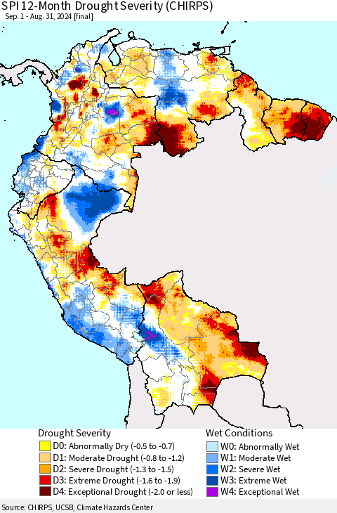Northern South America SPI 12-Month Drought Severity (CHIRPS) Thematic Map For 9/1/2023 - 8/31/2024
