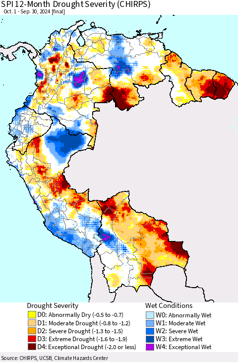 Northern South America SPI 12-Month Drought Severity (CHIRPS) Thematic Map For 10/1/2023 - 9/30/2024