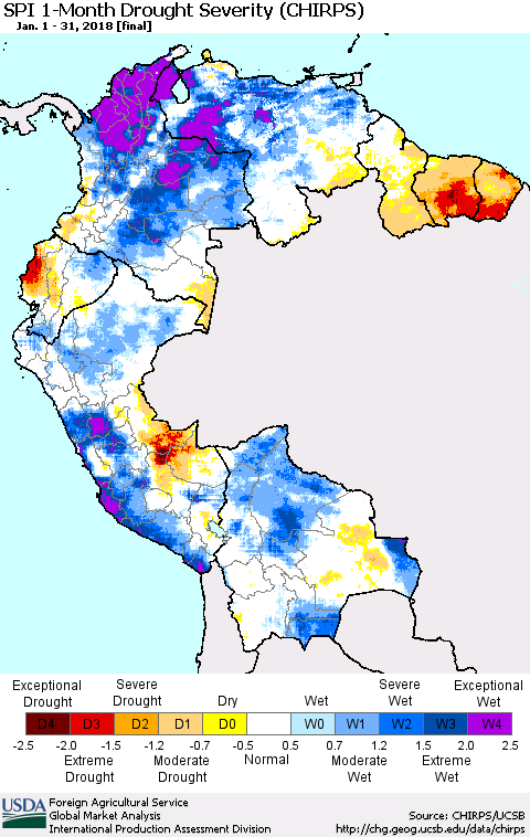 Northern South America SPI 1-Month Drought Severity (CHIRPS) Thematic Map For 1/1/2018 - 1/31/2018