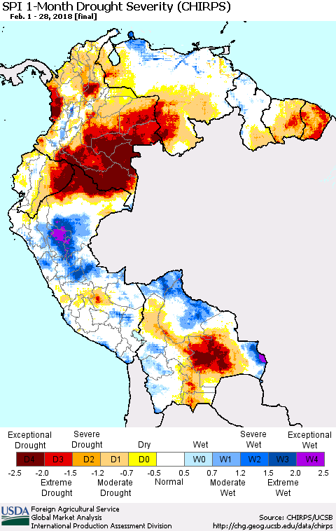 Northern South America SPI 1-Month Drought Severity (CHIRPS) Thematic Map For 2/1/2018 - 2/28/2018