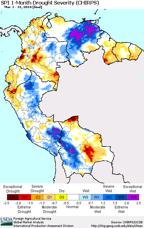 Northern South America SPI 1-Month Drought Severity (CHIRPS) Thematic Map For 3/1/2018 - 3/31/2018