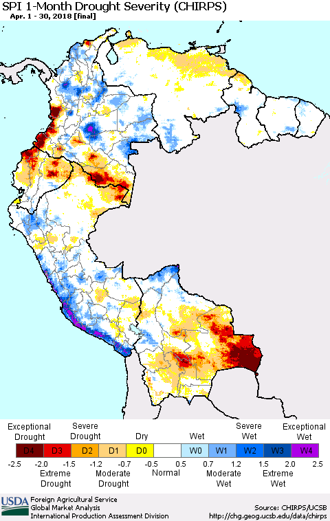 Northern South America SPI 1-Month Drought Severity (CHIRPS) Thematic Map For 4/1/2018 - 4/30/2018